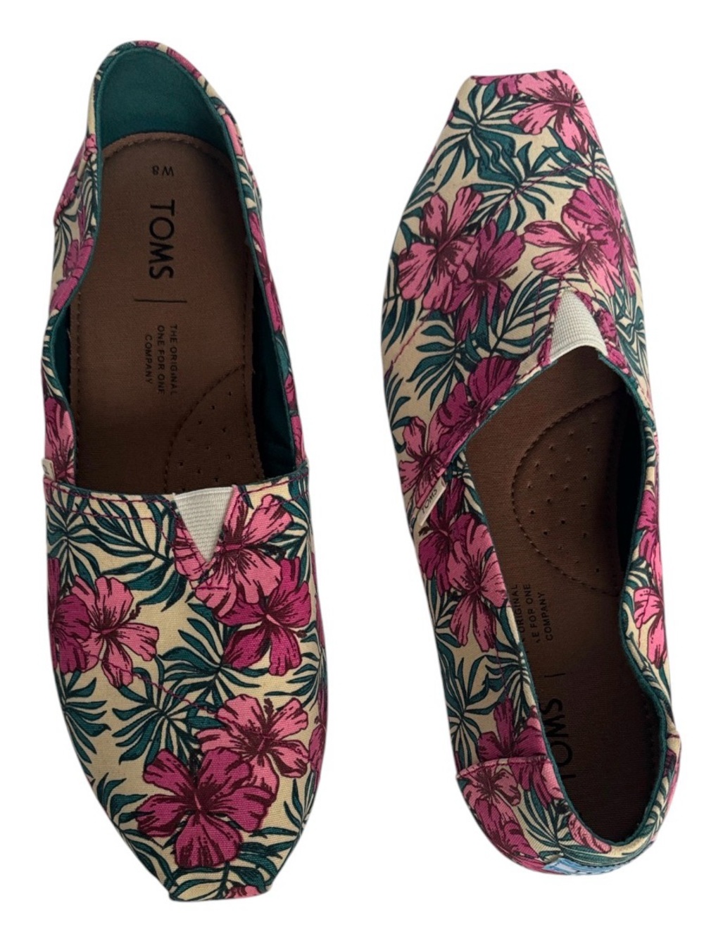 TOMS Women's Floral Canvas Slip-Ons Pink Green Cream Like New Size 8